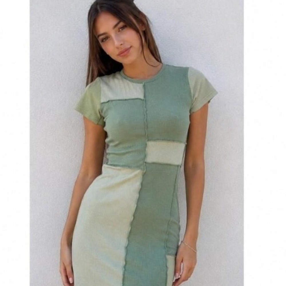 Hollister Patchwork Ribbed‎ Mini Dress Green Sage Exposed Seam Bodycon Small
